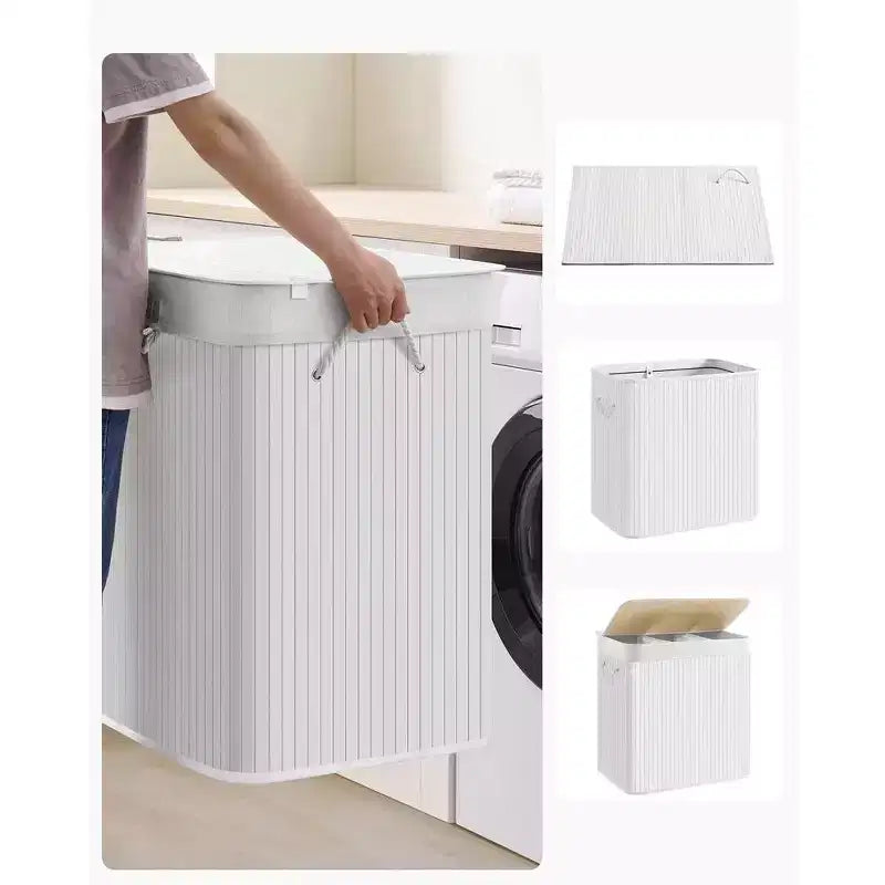 39.6Gal (150L) Laundry Hamper, 3-Section Laundry Basket with Lid, Bamboo, Foldable