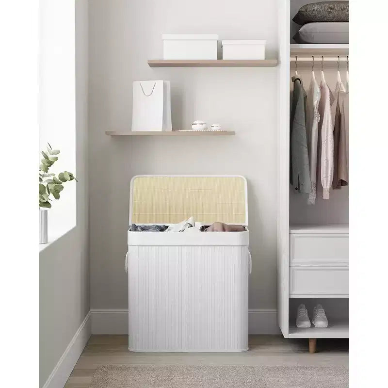 39.6Gal (150L) Laundry Hamper, 3-Section Laundry Basket with Lid, Bamboo, Foldable