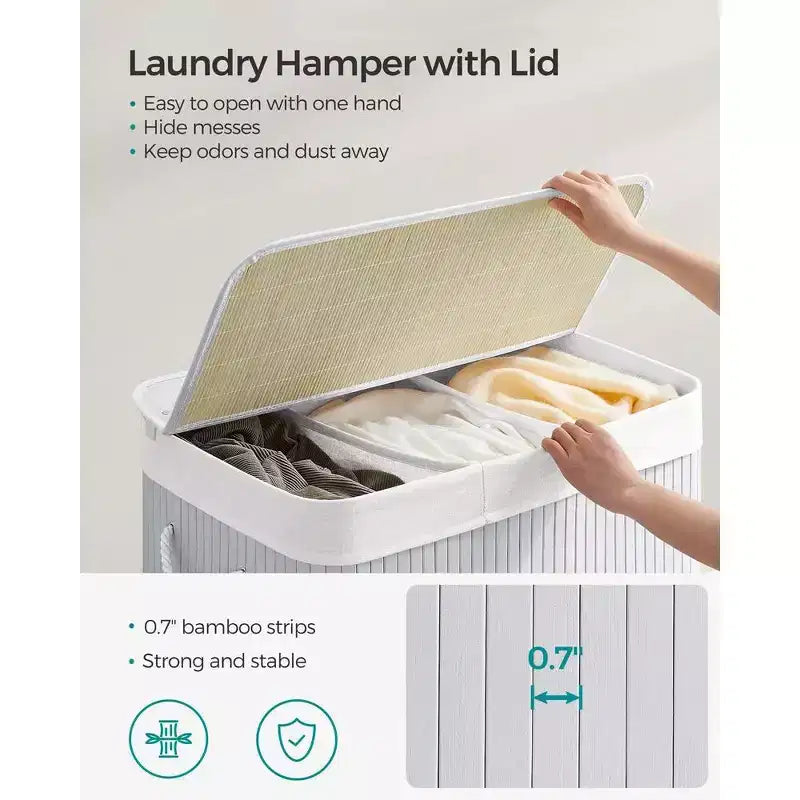 39.6Gal (150L) Laundry Hamper, 3-Section Laundry Basket with Lid, Bamboo, Foldable