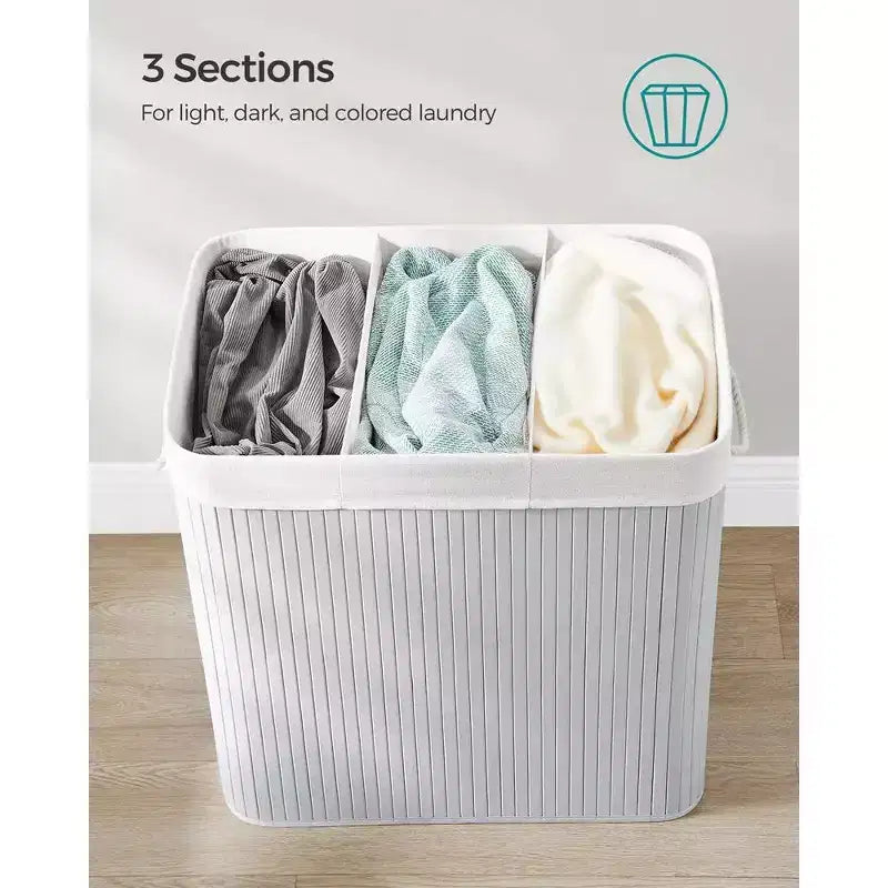 39.6Gal (150L) Laundry Hamper, 3-Section Laundry Basket with Lid, Bamboo, Foldable