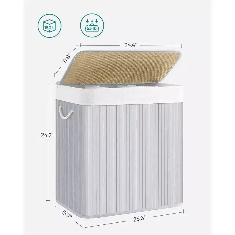 39.6Gal (150L) Laundry Hamper, 3-Section Laundry Basket with Lid, Bamboo, Foldable