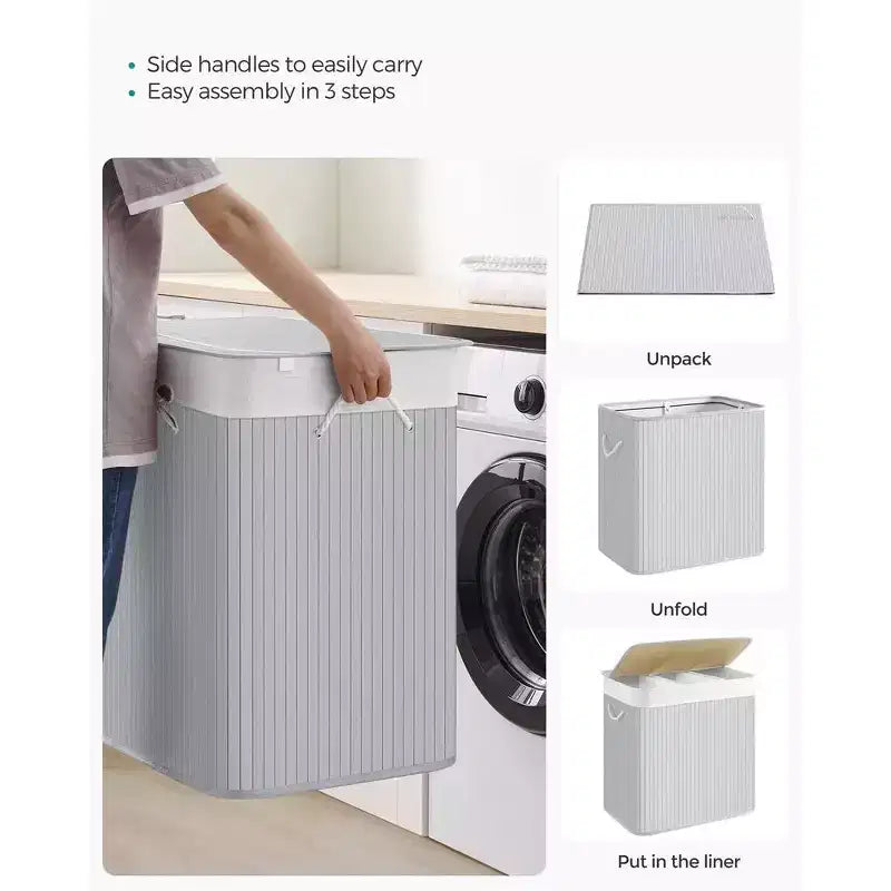 39.6Gal (150L) Laundry Hamper, 3-Section Laundry Basket with Lid, Bamboo, Foldable