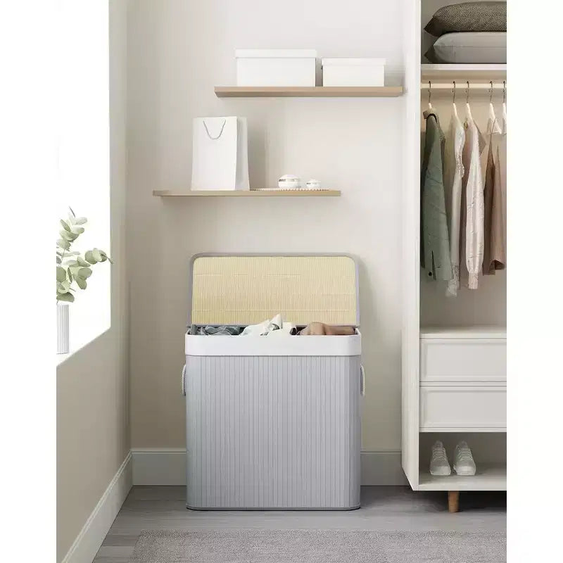 39.6Gal (150L) Laundry Hamper, 3-Section Laundry Basket with Lid, Bamboo, Foldable